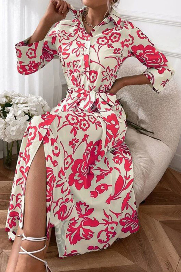 Green Casual Print Patchwork Buckle Turndown Collar Shirt Dress Dresses