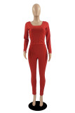 Red Fashion Casual Solid Patchwork U Neck Long Sleeve Two Pieces