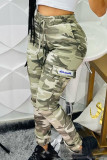 Colour Casual Camouflage Print Patchwork Pocket Regular High Waist Pencil Full Print Bottoms