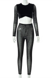 Black Fashion Sexy Patchwork Tear O Neck Long Sleeve Two Pieces