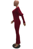 Burgundy Sexy Solid Patchwork Beading V Neck Regular Jumpsuits
