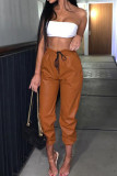 Brown Fashion Casual Solid Basic Regular High Waist Trousers