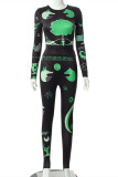 Green Fashion Casual Print Basic O Neck Long Sleeve Two Pieces