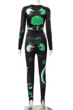 Green Fashion Casual Print Basic O Neck Long Sleeve Two Pieces