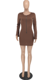 Coffee Sexy Solid Patchwork Zipper Collar Pencil Skirt Dresses