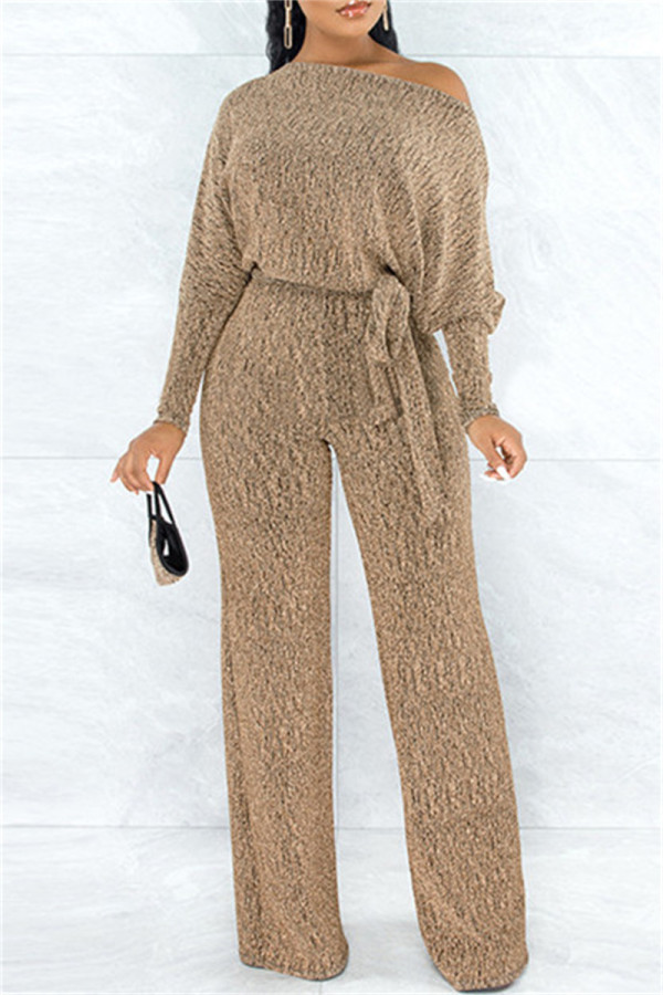 Gold Fashion Casual Print Basic Oblique Collar Regular Jumpsuits