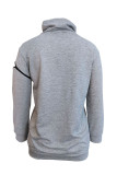 Grey Fashion Casual Letter Print Patchwork Zipper Turtleneck Long Sleeve Dresses
