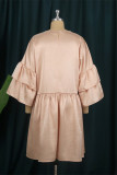 Apricot Fashion Casual Solid Patchwork Flounce V Neck Long Sleeve Dresses