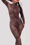 Leopard Print Fashion Sexy Print Leopard Basic Turtleneck Skinny Jumpsuits