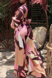 Pink Casual Print Patchwork V Neck Long Sleeve Two Pieces
