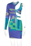 Colour Fashion Sexy Print Hollowed Out O Neck Long Sleeve Dresses