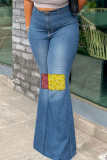 Blue Casual Street Solid Patchwork High Waist Boot Cut Denim Jeans