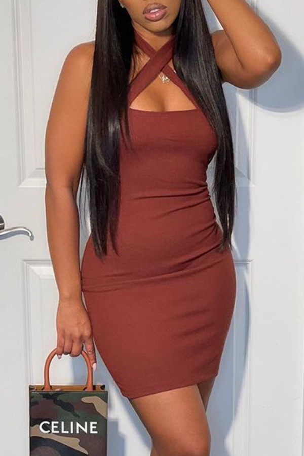 Brown Sexy Solid Hollowed Out Backless Halter Sleeveless Dress Dresses