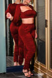 Red Sexy Solid Hollowed Out Fold O Neck Long Sleeve Two Pieces