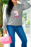Blue Casual Sweet Print Patchwork Letter O Neck Tops