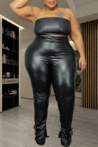 Black Sexy Solid Split Joint Strapless Plus Size Two Pieces
