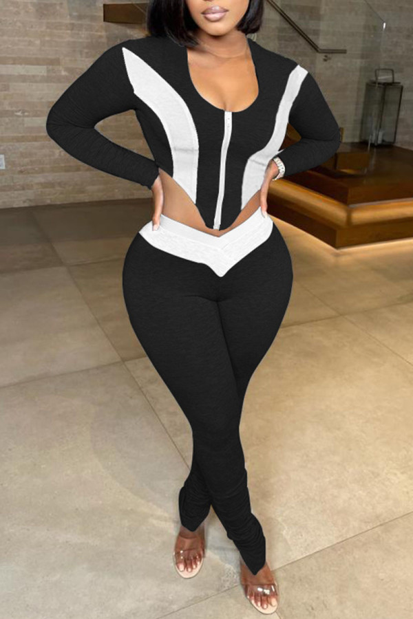 Black Sexy Solid Patchwork Asymmetrical Zipper U Neck Long Sleeve Two Pieces