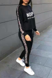 Black Casual Print Leopard Split Joint O Neck Long Sleeve Two Pieces