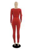 Red Fashion Casual Solid Patchwork U Neck Long Sleeve Two Pieces