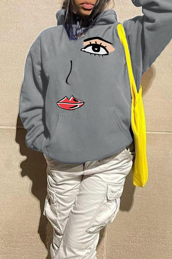 Light Gray Casual Street Print Patchwork Hooded Collar Tops