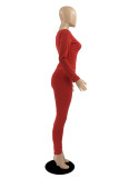 Red Fashion Casual Solid Patchwork U Neck Long Sleeve Two Pieces