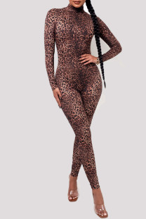 Leopard Print Fashion Sexy Print Leopard Basic Turtleneck Skinny Jumpsuits