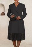 Black Elegant Solid Tassel Patchwork Buckle Turn-back Collar Straight Dresses