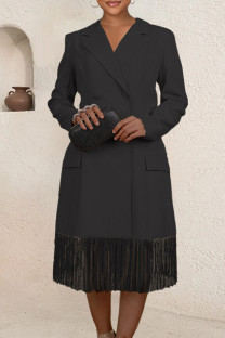 Black Elegant Solid Tassel Split Joint Buckle Turn-back Collar Straight Dresses