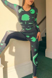 Green Fashion Casual Print Basic O Neck Long Sleeve Two Pieces