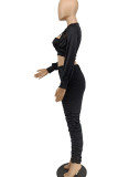 Coffee Sexy Solid Hollowed Out Split Joint Fold Asymmetrical O Neck Long Sleeve Two Pieces