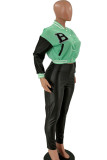 Grass Green Casual Street Print Embroidered Patchwork Buckle Long Sleeve Two Pieces