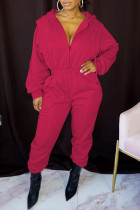 Rose Red Casual Solid Split Joint Zipper Hooded Collar Loose Jumpsuits