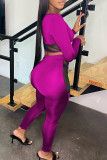 Rose Red Fashion Sexy Patchwork Bandage See-through O Neck Long Sleeve Two Pieces