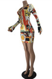 Multicolor Fashion Sexy Print Hollowed Out V Neck Long Sleeve Dresses