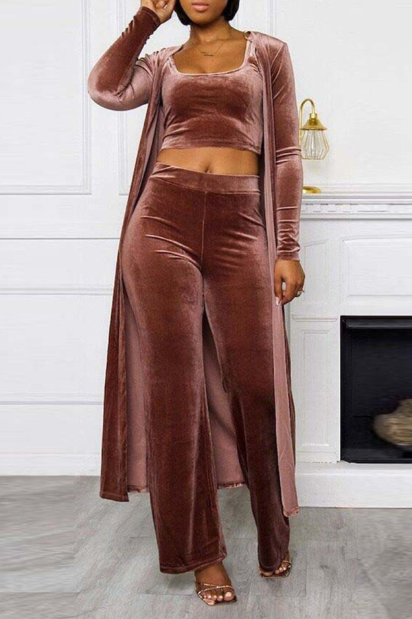 Brown Sexy Solid Patchwork U Neck Long Sleeve Three Pieces