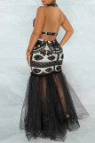 Cream White Fashion Patchwork Print See-through Backless Halter Evening Dress Dresses