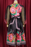 Black Casual Elegant Print Patchwork V Neck Princess Dresses