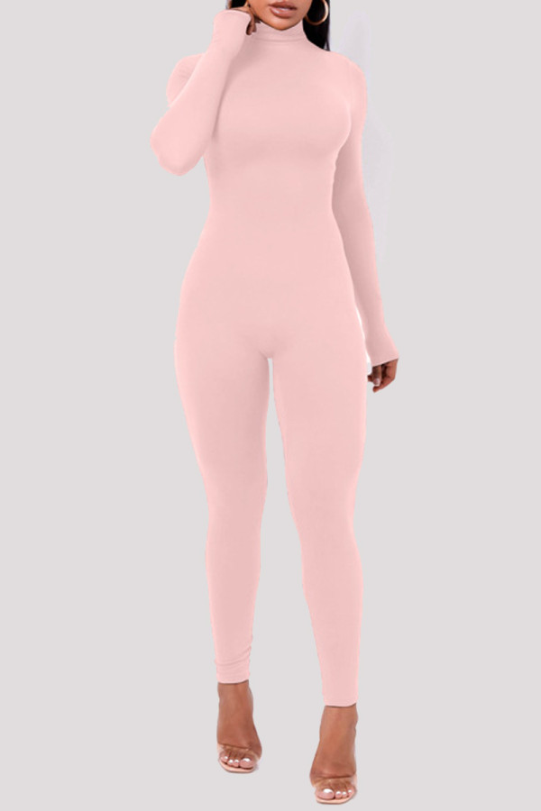 Pink Fashion Casual Solid Basic Turtleneck Skinny Jumpsuits