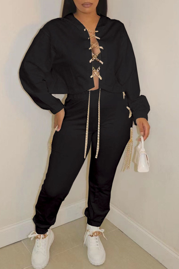 Black Sexy Solid Patchwork Chains Asymmetrical Long Sleeve Two Pieces