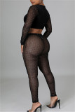 Black Fashion Sexy Patchwork Tear O Neck Long Sleeve Two Pieces