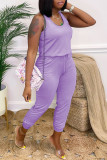 Purple Fashion Casual Solid Basic O Neck Regular Jumpsuits