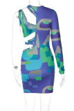 Colour Fashion Sexy Print Hollowed Out O Neck Long Sleeve Dresses