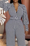 Black White Casual Print Patchwork V Neck Straight Jumpsuits