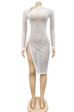 Apricot Sexy Patchwork See-through Mesh One Shoulder Irregular Dress Dresses