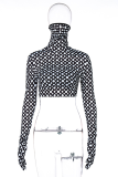 Red Street Print Patchwork Turtleneck Tops