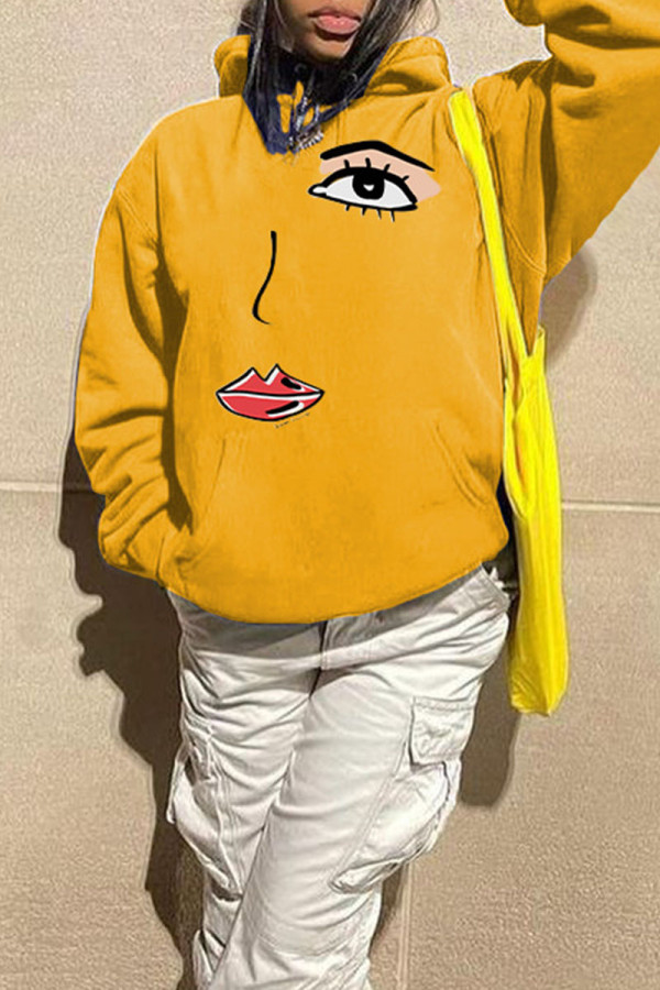 Yellow Casual Street Print Patchwork Hooded Collar Tops