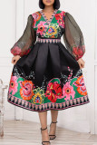 Black Casual Elegant Print Patchwork V Neck Princess Dresses