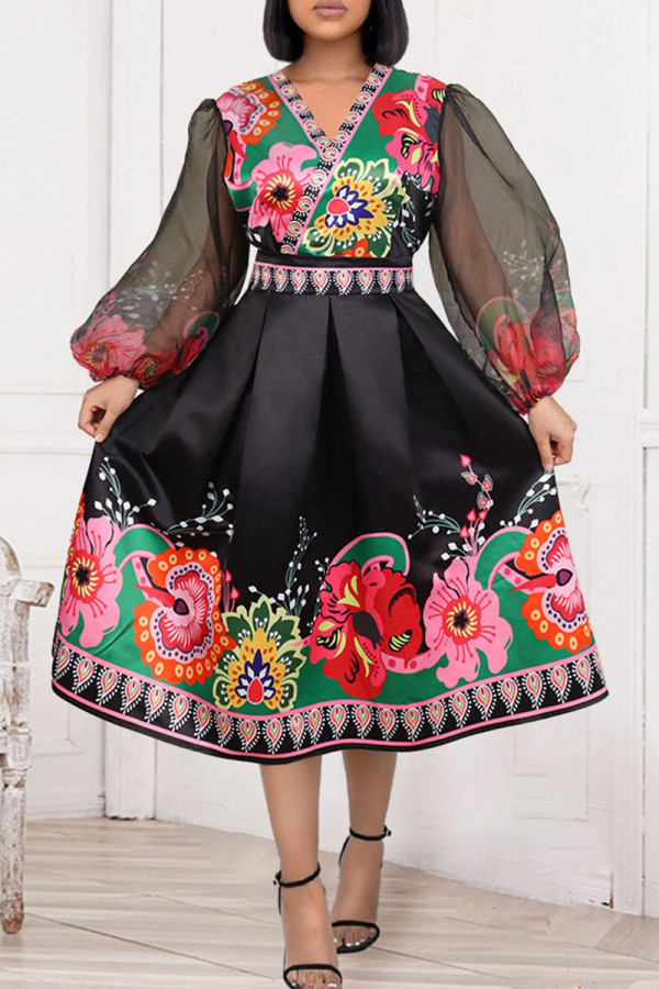 Black Casual Elegant Print Patchwork V Neck Princess Dresses