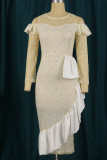 White Elegant Patchwork See-through Fold Asymmetrical O Neck Dresses