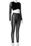 Black Fashion Sexy Patchwork Tear O Neck Long Sleeve Two Pieces